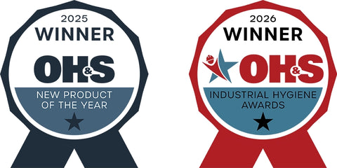 Two award ribbon badges on a white background. The left badge is dark blue and reads '2025 Winner OHS New Product of the Year' & the right badge is red and reads '2026 Winner OHS Industrial Hygiene Awards'.